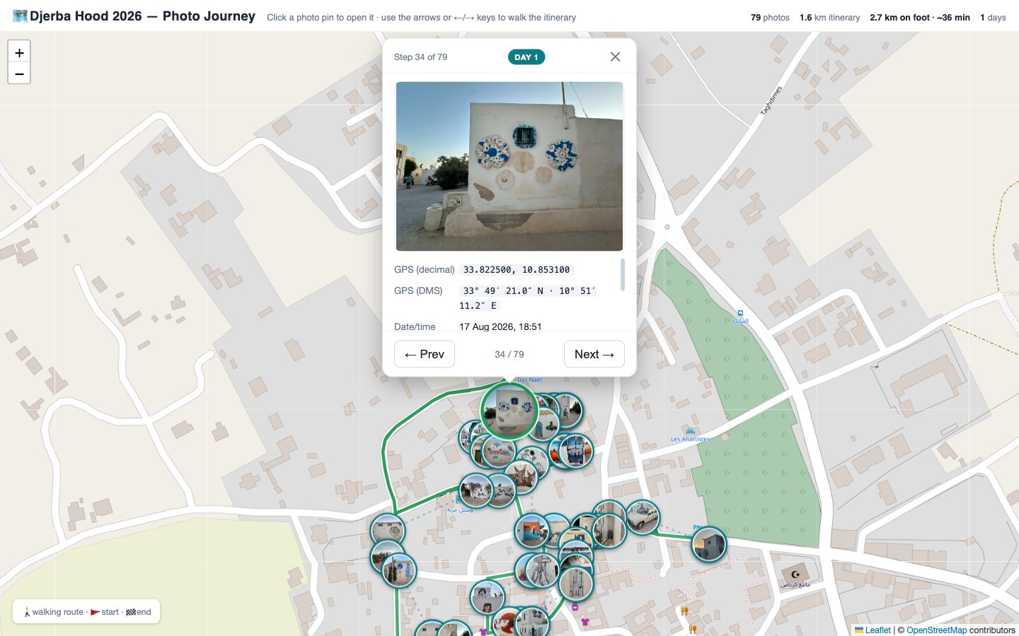 Aperçu de la carte interactive Djerba Hood 2026 avec son itinéraire et ses repères photo
